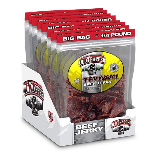 Old Trapper Teriyaki Beef Jerky | Traditional Style Real Wood Smoked Beef Jerky | Healthy Snacks Made from 100% Top Round Steaks | 4 Ounce (Pack of 8)