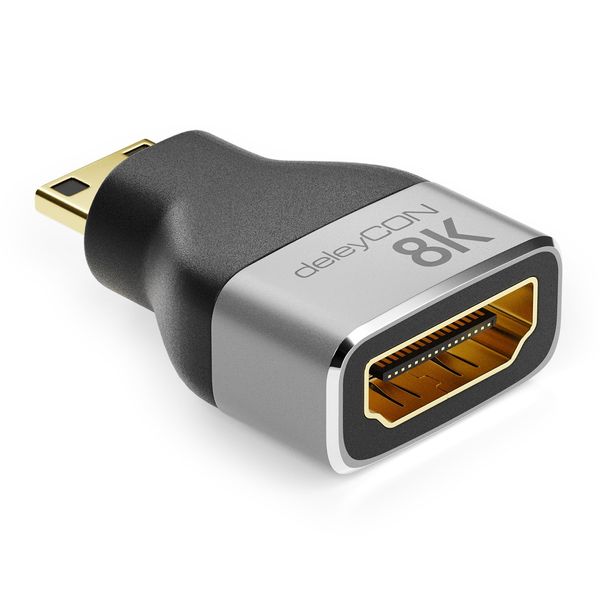 deleyCON Mini HDMI Adapter Kupplung Kabel Verbinder 8K@60Hz / 4K@120Hz UHD 7680x4320 Aluminium HDMI 2.1 ARC HDR10+ Dolby Vision VRR ALLM 48Gbps Grau Schwarz