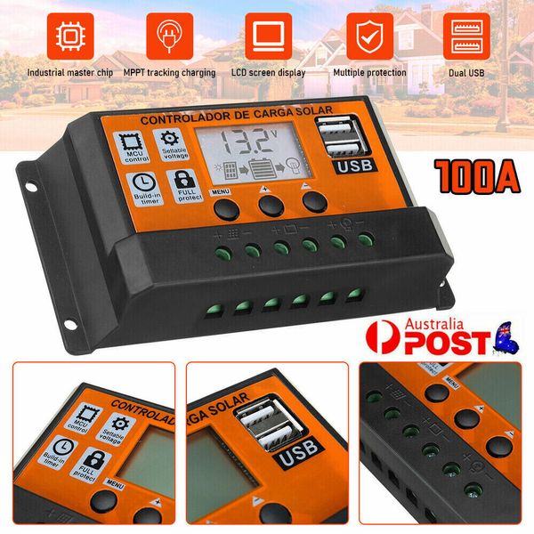 100A MPPT Solar Power Panel Regulator Charge LCD Controller 12/24V Dual USB AU