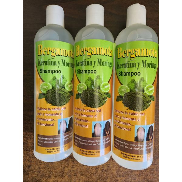 3 NEW SHAMPOO BERGAMOT WITH KERATIN AND MORINGA NET WT 16 FL OZ EACH