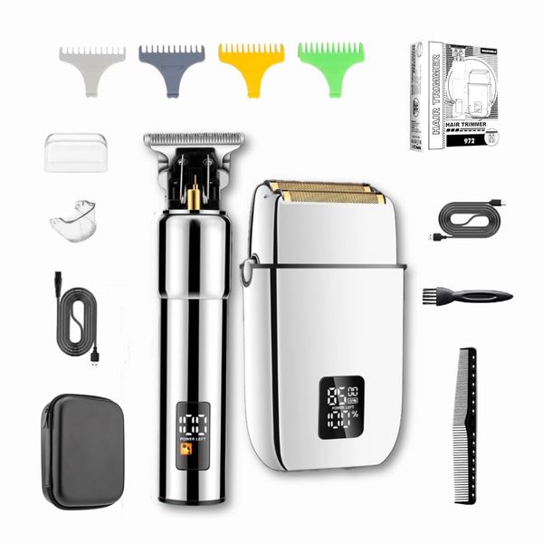 Hal&Hol Hair and Beard Trimmer Set, Beard Grooming Set, Electric Cordless Trimmer and Shaver, Hair Cutting and Shaving Kit, Professional Hair Trimmer Set for Men, Gift for Him (Silver)