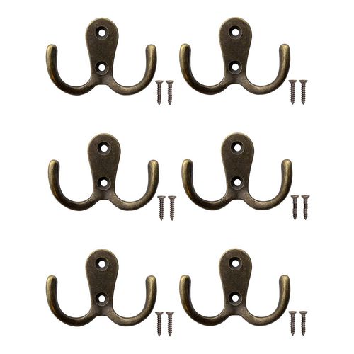 FUXXER® - Solid Antique Double Hooks, Coat Hooks, Towel Hooks, Clothes Hooks, Iron Hooks, Brass Bronze Design, Vintage Country House Retro, Set of 5