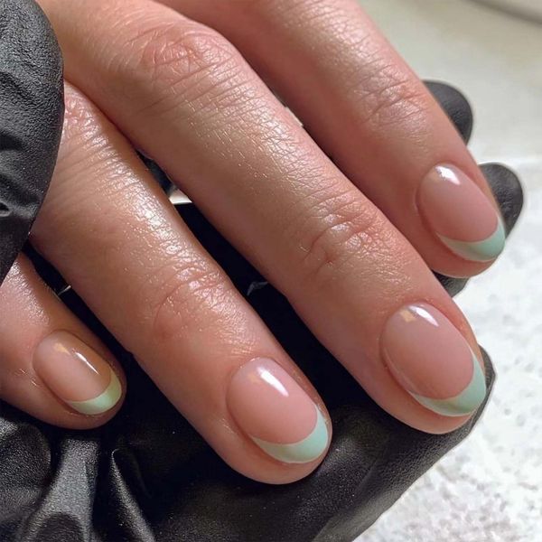 Almond False Nails - 24PCS Short False Nails - Green Edge French Style Press on Nails - Reusable Full Cover Acrylic Stick on Nails - Removable Nails Women Girls DIY Nail Art