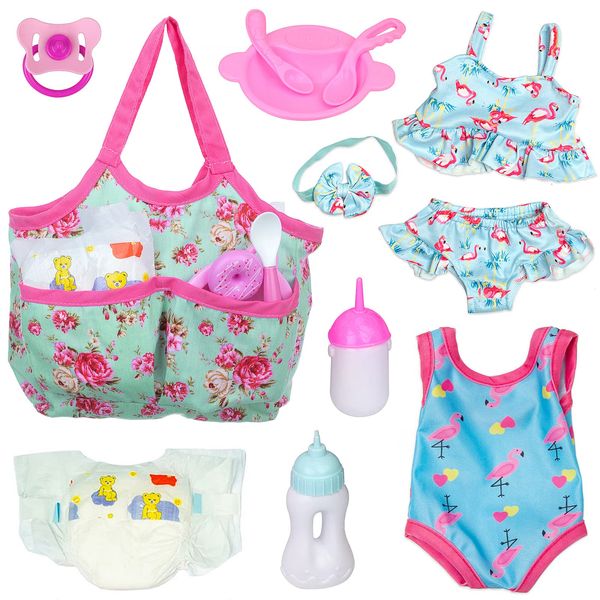 UNICORN ELEMENT 8 Pcs Baby Doll Clothes and Accessories, Baby Doll Feeding and Caring Set with Baby Doll Diaper Bag, Clothes, Diapers, Bottles, Pacifier, Swimsuits, Best Gift for Kids