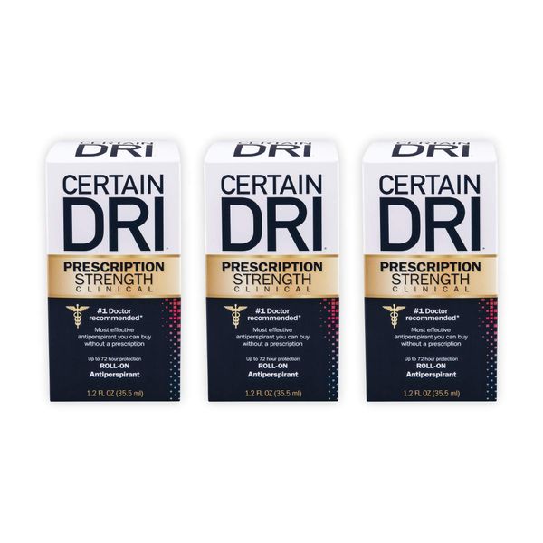 Certain Dri Prescription Strength Clinical Antiperspirant Roll-On Deodorant, Hyperhidrosis Treatment for Men & Women, Unscented, 1.2 Fl oz, 3 Pack