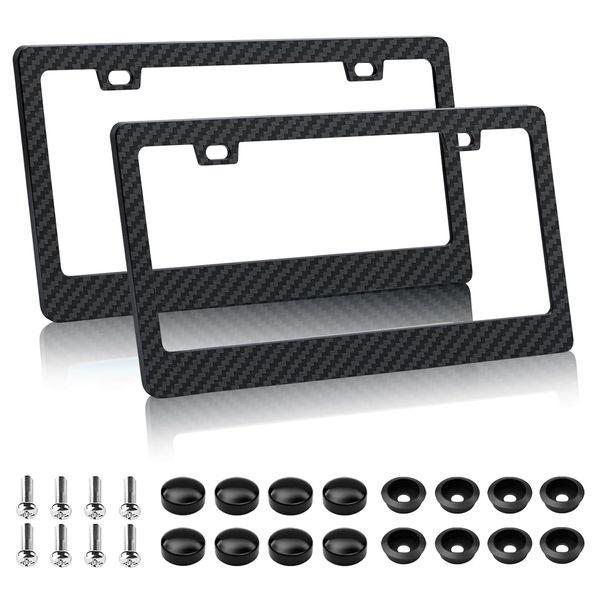 EWBN Carbon Fiber License Plate Frame,2 Pack Black License Plate Frames with Screws & Caps,Classic Carbon Fiber Design Car Black License Plate Holders Fits All Standard US Plates