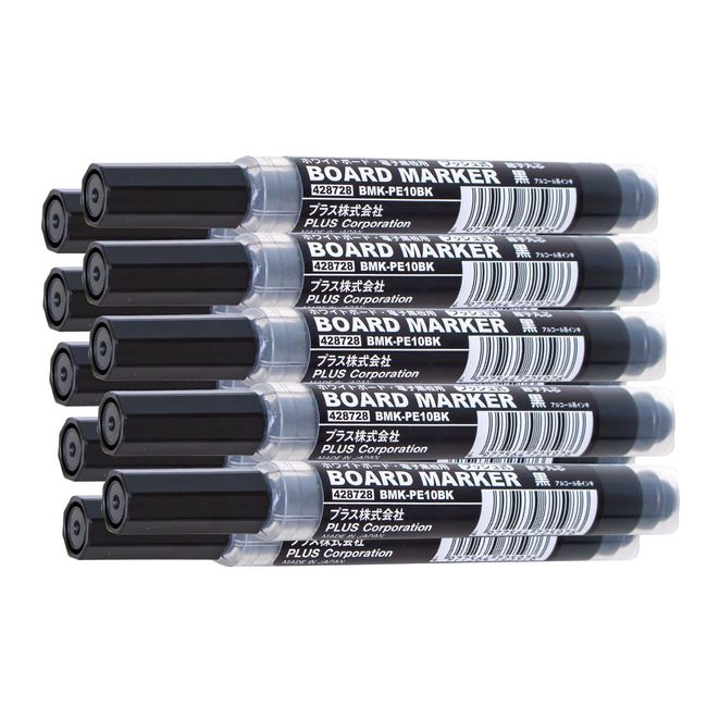 PLUS BMK-PE10BK 428-728 x 10 Dry Erase Markers, Fine Point, Line Width 0.04 inch (1 mm), Black, Pack of 10