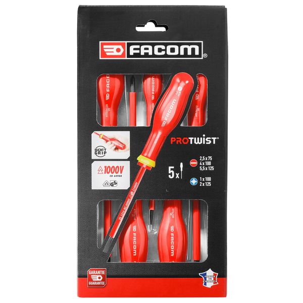 Facom AT5VE.PB Set of 5 Insulated Screwdrivers, Red/Black