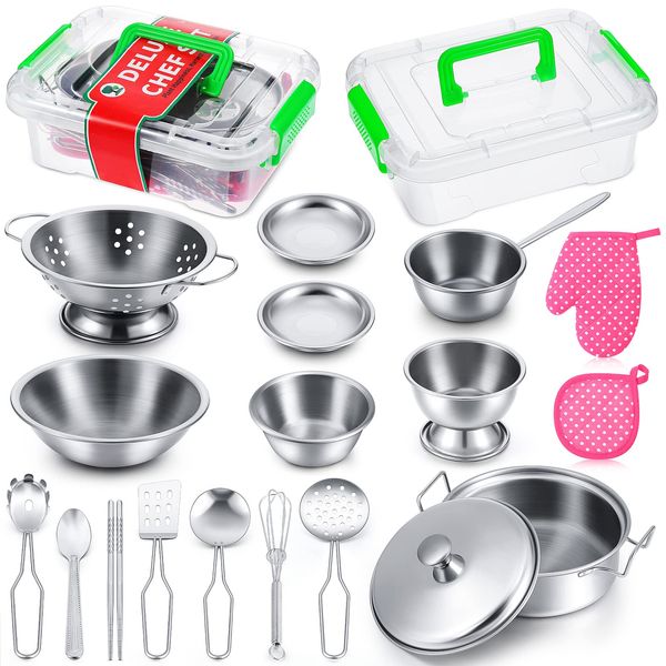 Zomiboo 19 Pieces Play Kitchen Accessories Kitchen Play Toys Stainless Steel Pretend Cookware Mini Pot Cooking Utensils Set Toys Chef Play Set for Food Cooking Games Christmas Birthday Gift