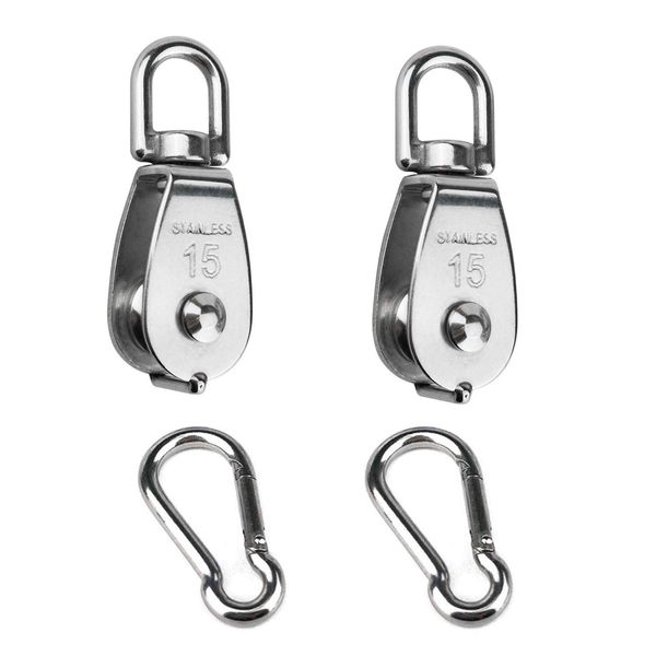 Hamineler 2PCS 304 Stainless Steel Single Pulley Block M15, Wire Rope Crane Pulley Block Hanging Wire Towing Wheel with 2PCS Spring Snap Hook