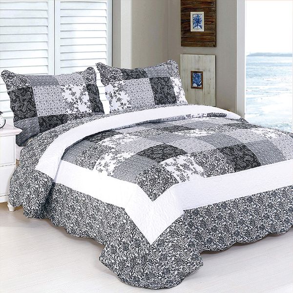 Sansar 3 Piece Traditional Quilted Bedspread Set Embossed Patchwork inc. 2 Pillowshams Single/Double/King (Black & Grey Patchwork, Single (180x250cm))