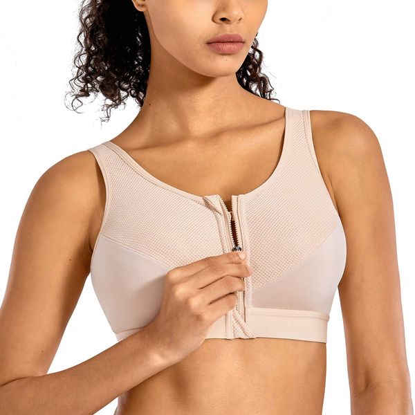 SYROKAN Women's Zip Front High Impact Wireless Racerback High Support Zipper in Front Sports Bra Beige 40DD