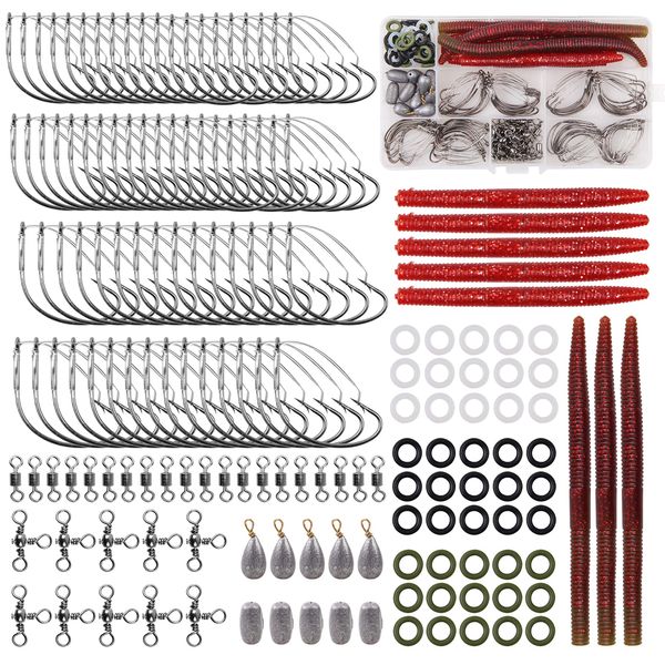 Wacky Rig Worm Hooks Kit – 163pcs Bass Fishing Wacky Worms Weedless Hooks O Ring Fishing Sinkers Fishing Swivels for Artificial Soft Stick Baits