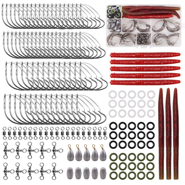 Wacky Rig Worm Hooks Kit – 163pcs Bass Fishing Wacky Worms Weedless Hooks O Ring Fishing Sinkers Fishing Swivels for Artificial Soft Stick Baits