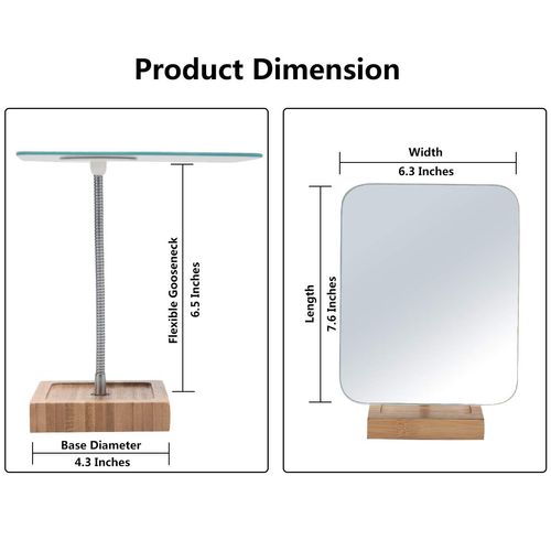 YEAKE Flexible Gooseneck Bamboo Vanity Makeup Mirror,360°Rotation 8" Large Frameless, Folding Portable Table Desk Mirror with Stand for Bathroom Shaving Make Up, Rectangle