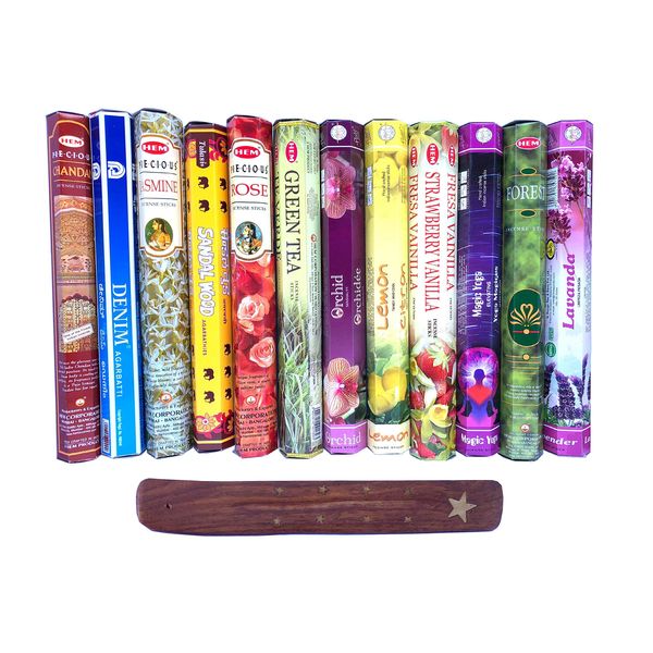 India 12 Incense Sticks Assorted Pack Aroma Wood Incense Holder Set