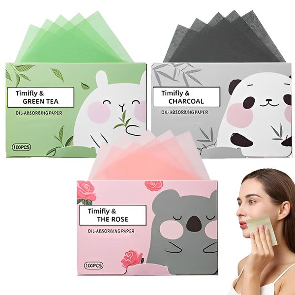 WeddHuis 6 PCS Oil-Absorbing Facial Blotting Papers for Men Women, 600 Pieces Face Oil Blotting Papers(Grüner Tee, Rose, Bambuskohle)