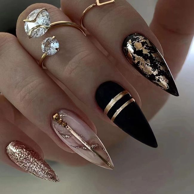 Almond False Nails Short, 24Pcs Black and Gold Glitter French Fake Nails, Ballerina Press on Nails with Nails Glue Stickers, Stiletto Acrylic Stick on Nails for Women and Girls