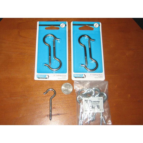 Lot Ceiling Hooks: 10 True Value Hardware 2 &9/16in hooks & 4 Liberty 3 in hooks