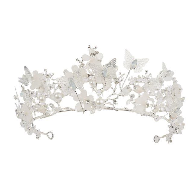 MINANH Butterfly Crown & Tiara Hairband: Bridal Baroque Pearl & Rhinestone - Silver Color Metal Wedding Hair Accessories - Bride & Fairy Inspired Design for Women - Perfect Princess & Bridal Tiaras