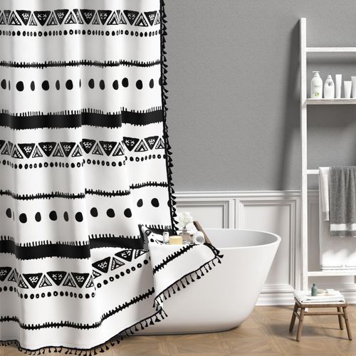 AOFOTO Boho Shower Curtain Black Striped Geometric Pattern Shower Curtains for Bathroom Tassel Bohemian Shower Curtain Modern Bathroom Home Decor with Hooks Waterproof 70x84 Inches