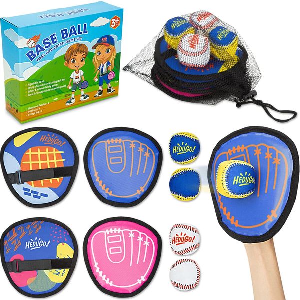 HEDUGO Ball and Catch Game Toss and Catching Ball Set Outdoor Toys for Kids at The Beach, Yard, Lawn Pool or Park Outside Games 4 Paddles 4 Balls Family Games for Kids and Adults Baseball Toys Gifts