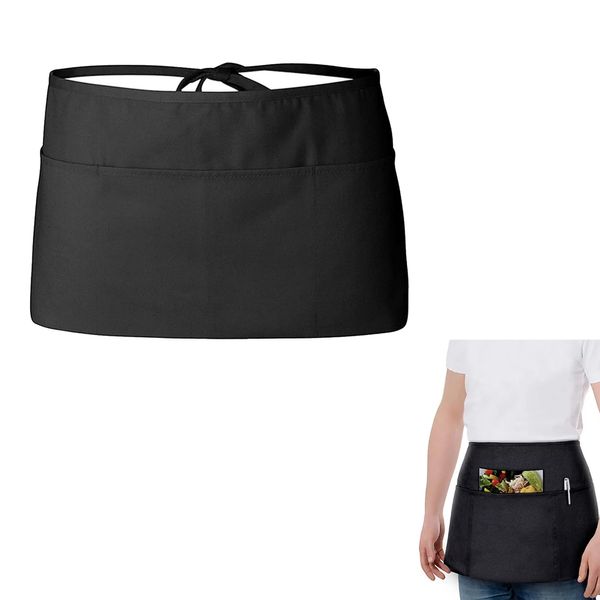 Waist Apron, Anti-dirt Waist Apron Short Black Apron, Waitress Aprons, Cooking Kitchen Aprons With 3 Pockets, for Home Kitchen Restaurant Work, Waitress, Chef, Waiter, Cooking, Baking, Men and Women