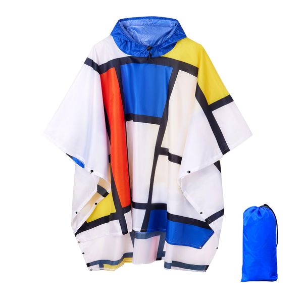 QIANQUHUI Waterproof Rain Poncho Lightweight Reusable Hiking Hooded Coat Jacket Unisex Raincoat for Hiking Camping Emergency (Royal Blue White Yellow)