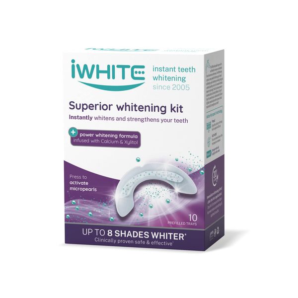 iWhite Superior Teeth Whitening Kit - Instantly Whitens, Strengthens & Restores Enamel - 10 Prefilled Trays Infused with Calcium and Xylitol for Tooth Whitening - Peroxide Free & Safe for Enamel