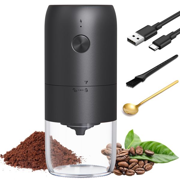 Electric Coffee Grinder, DERGUAM Rechargeable Coffee Bean Grinder, Portable Small Coffee Grinder, Adjustable Coarseness 1800mAh Automatic Coffee Bean for Outdoor and Indoor (Black)