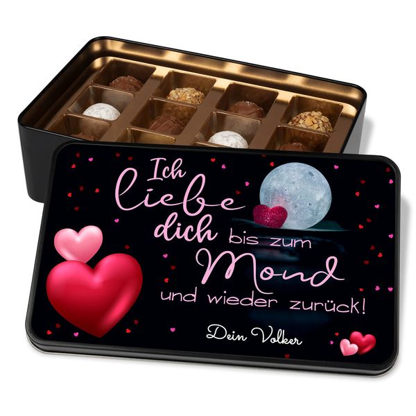 Pralinendose für Verliebte „Ich liebe dich bis zum Mond und wieder zurück! – personalisiert mit Namen - Geschenke für Frauen Weihnachten Valentinstag Muttertag Geburtstag (Schwarz)