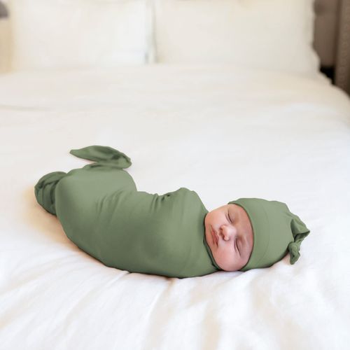 Bayceen Large Rayon Jersey Knitted Swaddle Blanket for Baby, Soft Stretchy Receiving Blanket for Newborns with Hat, Large 47 x 47 inches (Sage)