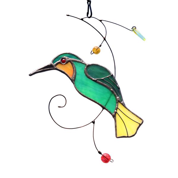 HAOSUM Hummingbird Stained Glass Window Hangings Suncatcher Gift for Mom Stained Glass Bird Garden Patio Decor (6.3"×4.7”)