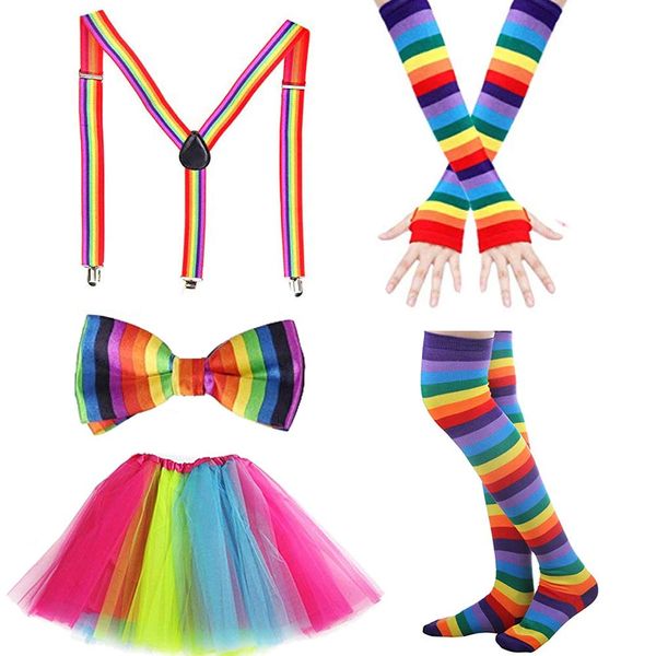 mefound 1980s Fancy Dress Rainbow Tutu Bowtie Suspender Leg Warmers Stockings Gloves Set Girls Women Adult Night Out Party Cosplay Halloween Christmas