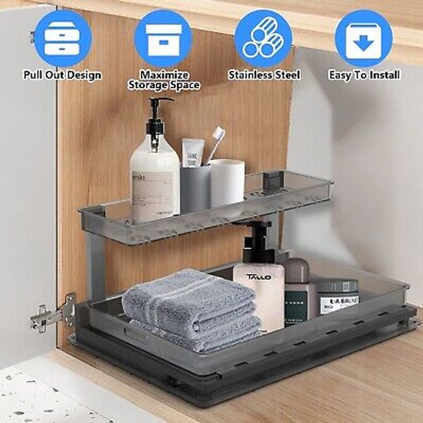 2-Tier Kitchen Cabinet Bathroom Storage Organizer Multi-Purpose Pull Out Holder