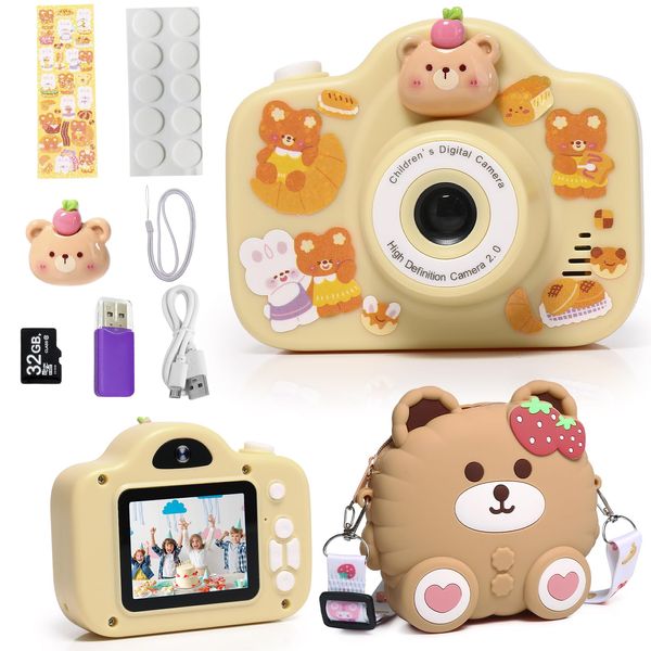 Kids Camera, Christmas Birthday Gifts for Children Age 3-8, HD Digital Video Cameras for Children, Portable Toy for 3 4 5 6 7 8 Year Old Kid with 32GB SD Card and Cute Children's Camera Bag (Yellow)