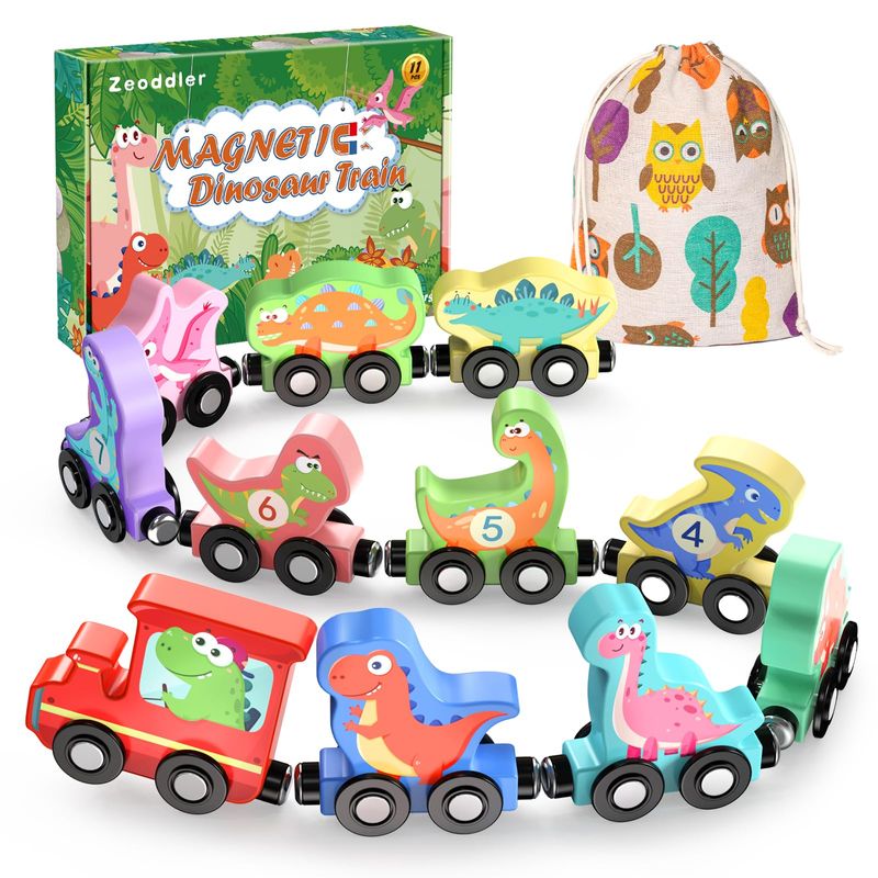 Wondertoys Wooden Train Cars 12 PCS Magnetic Train Sets Includes 3 Engines and