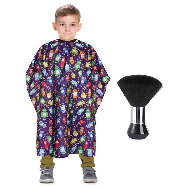 Kids Barber Cape with Neck Duster Brush, Professional Salon Hair Cutting Cape with Adjustable Snap Closure(Cartoon Robot)