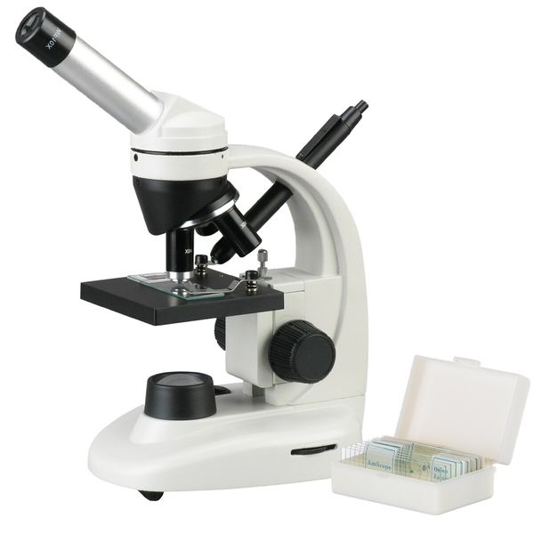 AmScope 40X-1000X Sturdy LED Student Science Microscope + Slides & Pen Light