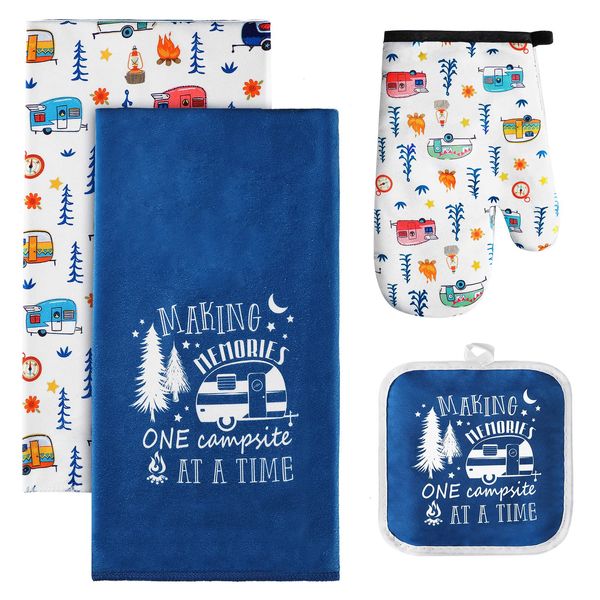 4 Pcs Camping Dish Towels Pot Holders Oven Mitts Set Making Memories One Campsite at a Time RV Kitchen Towels Soft Absorbent Pot Holder Oven Mitt Dish Cloths Hand Towels