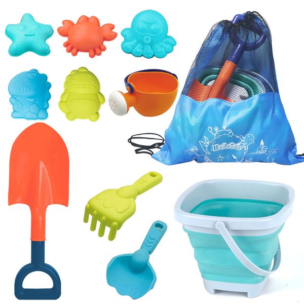 HaiLeTao Beach Toys Set for Kids -Collapsible Sand Bucket&Mesh Beach Bag and Shovels Sand Rake Toy 11Pcs Set, Animal & Dinosaur Molds,Fork,Rake&Watering Can for Toddlers Ages 3+