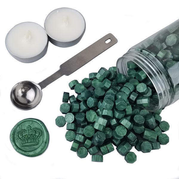 Sealing Wax Beads, AMTOL 300 Pcs Wax Sealing Beads with 2 Pcs White Candles and 1 Pcs Wax Melting Spoon, Great for Wedding Invitations,Cards Envelopes, Gift Wrapping (Pine Green)