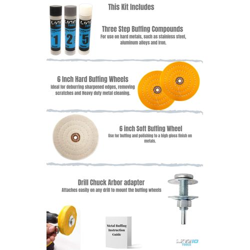 LINE10 Tools 6 Inch Buffing Wheel Kit for Bench Grinder and Drill with 3 Step Hard Metal Polishing Compound