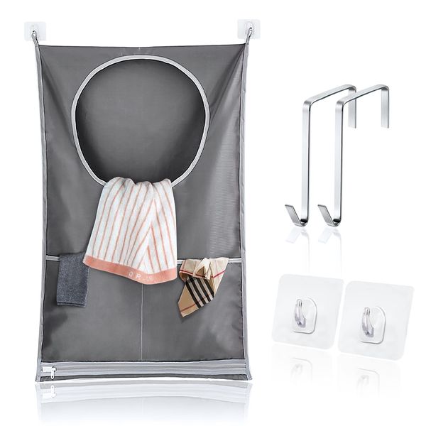 Laundry Bags, Hanging Laundry Hamper with Stainless Steel Hooks & Adhesive Hooks, Adjustable Laundry Basket for Laundry/Moving House/Shopping/Storage - Space Saving