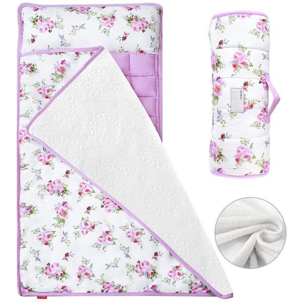 Toddler Nap Mat for Girls Floral, Warm Kids Sleeping Mat with Removable Pillow and Fleece Minky Blanket, Lightweight Perfect for Kids Preschool, Daycare, Travel Sleeping Bag, Fit Standard Cot