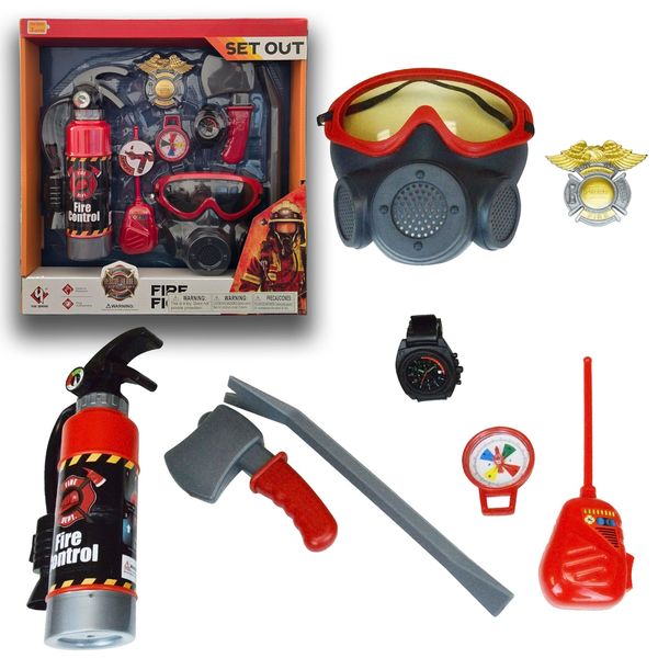 Maggie Firefighter Role Play Set for Kids with 8 Accessories – Fireman Costume Kit Includes Fire Extinguisher, Axe, Walkie Talkie, Mask, Badge