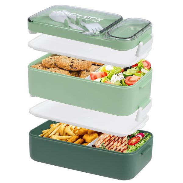 HENSHOW 2 Layer Lunch Box - 1600ml Bento Box with Cutlery Set - 4 Compartments Lunch Box for Adults Men Women, Sauce Box, BPA-Free, Microwave Safe, Leakproof, 20.5x11.5x12cm, Green