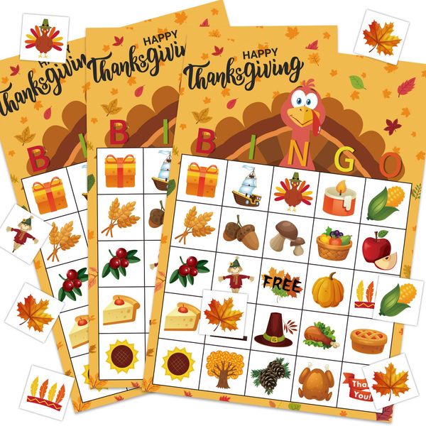 MISS FANTASY Thanksgiving Games Thanksgiving Bingo Game for Kids 24 Players Bingo Cards Thanksgiving Games for Family Thanksgiving Bingo for Toddlers Thanksgiving Activities for Kids Classroom Party