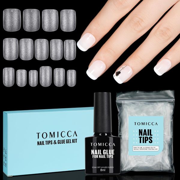 TOMICCA Nail Tips and Glue Gel Kit, 4 In 1 Nail Glue and Base Gel with Extra Short Square Nail Tips Nail Extension Kit, DIY Nail Art Acrylic Nail Kit Easy Nail Extension Set, 15 Size 150Pcs