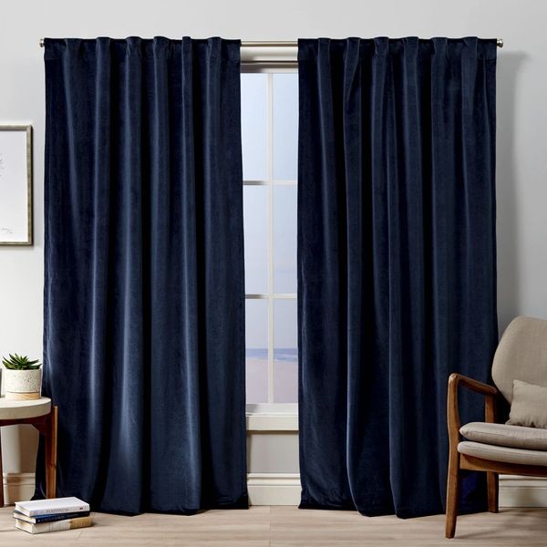 Exclusive Home Velvet Heavyweight Light Filtering Hidden Tab Top Curtain Panel Pair, 52"x84", Navy